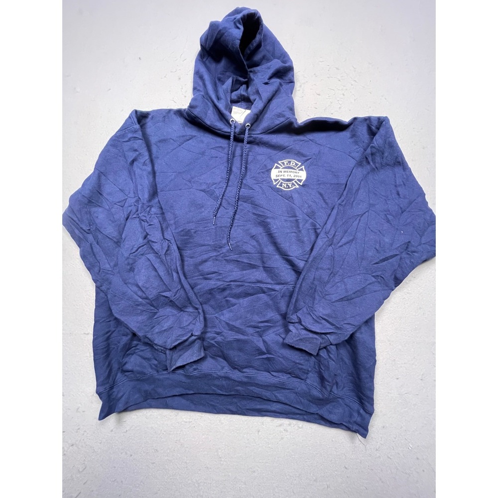 Hanes Ultimate Cotton FDNY 9/11 Memorial Hoodie Mens XL Navy Blue 90/10 Good